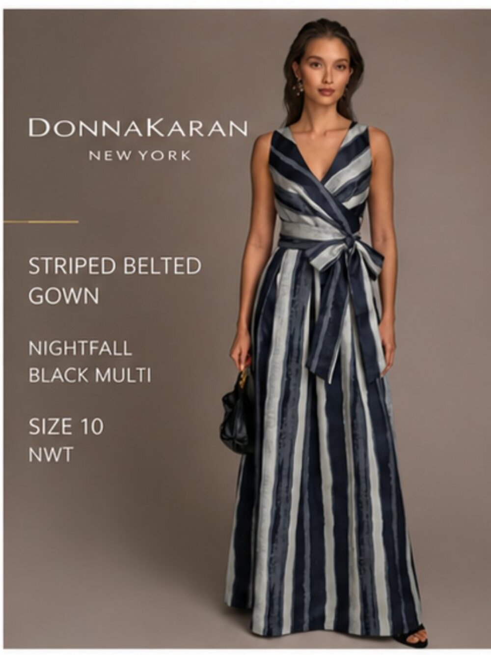 Donna Karan Navy and Silver Striped Maxi Wrap Dress - Picture 2 of 9